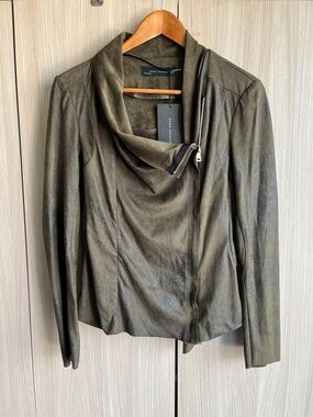 Zara Olive Green Draped Collar Leather Jacket